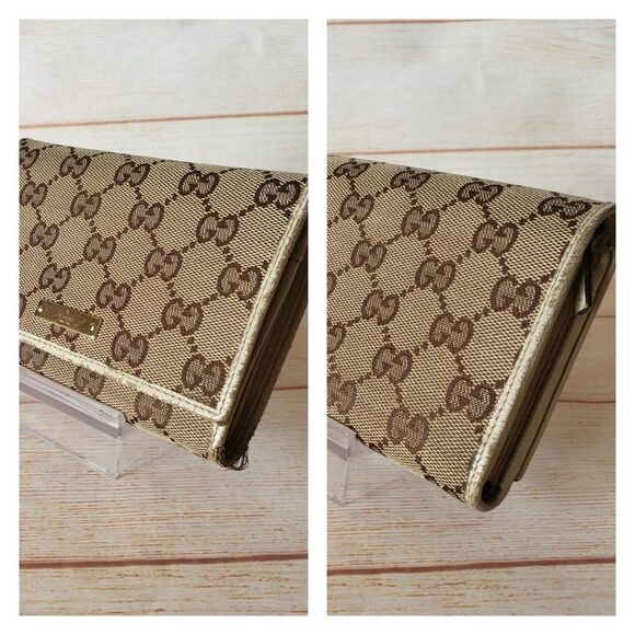 Authentic Gucci Signature Logo Fabric Leather Compact Bifold Wallet Unisex Box - Picture 3 of 16